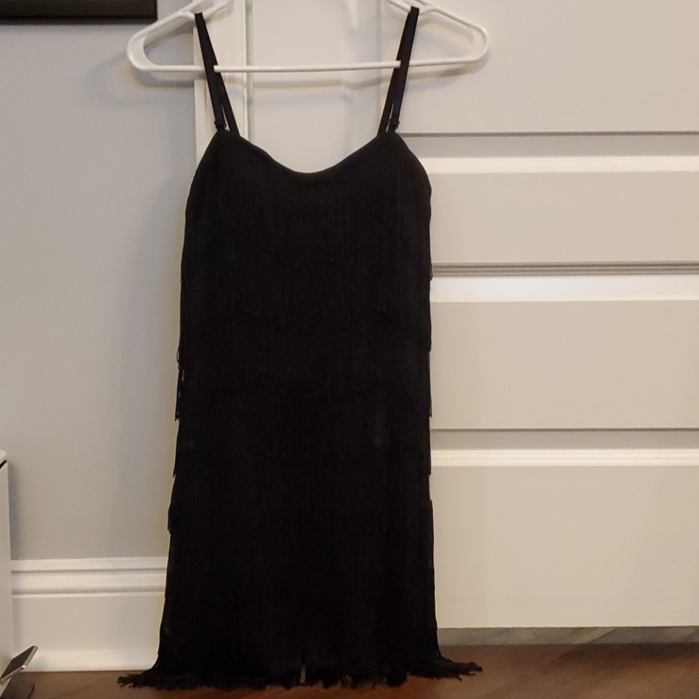 Womens black fringe little black dress